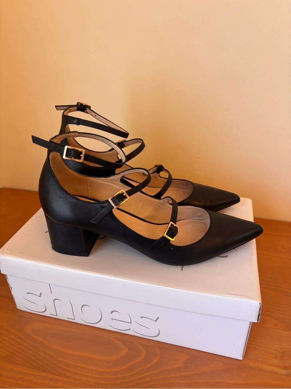 TOPSHOP Jolene Black Pointed Toe Multi-Strap Block Heels Sz 7.5